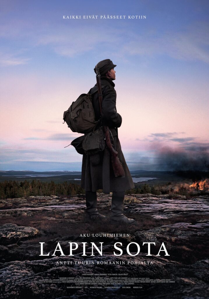 Aku Louhimiehen ohjaama Lapin sota elokuvateattereissa 23.10.2026. Pääosissa Peter Franzén, Sannah Nedergård, Volker Bruch ja Luukas Niskanen.